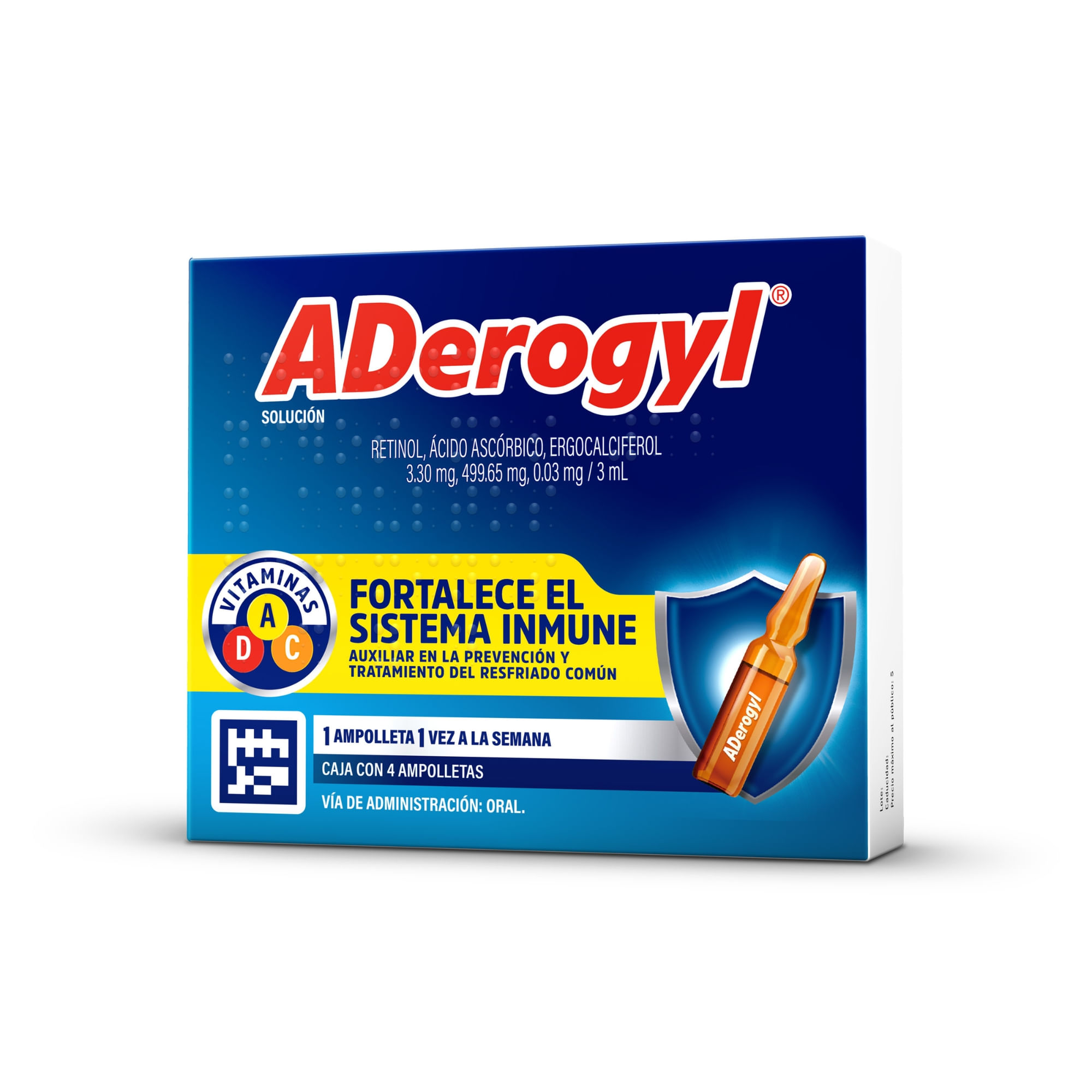 ADEROGYL MULTIVITAMINICO 4 AMPOLLETAS DE 3 ML. FORTALECE EL SISTEMA INMUNE Y REFUERZA TUS DEFENSAS